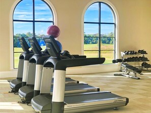 A gym with treadmills, a FlexDeck, and dumbbells.