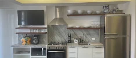 Fridge, microwave, oven, stovetop
