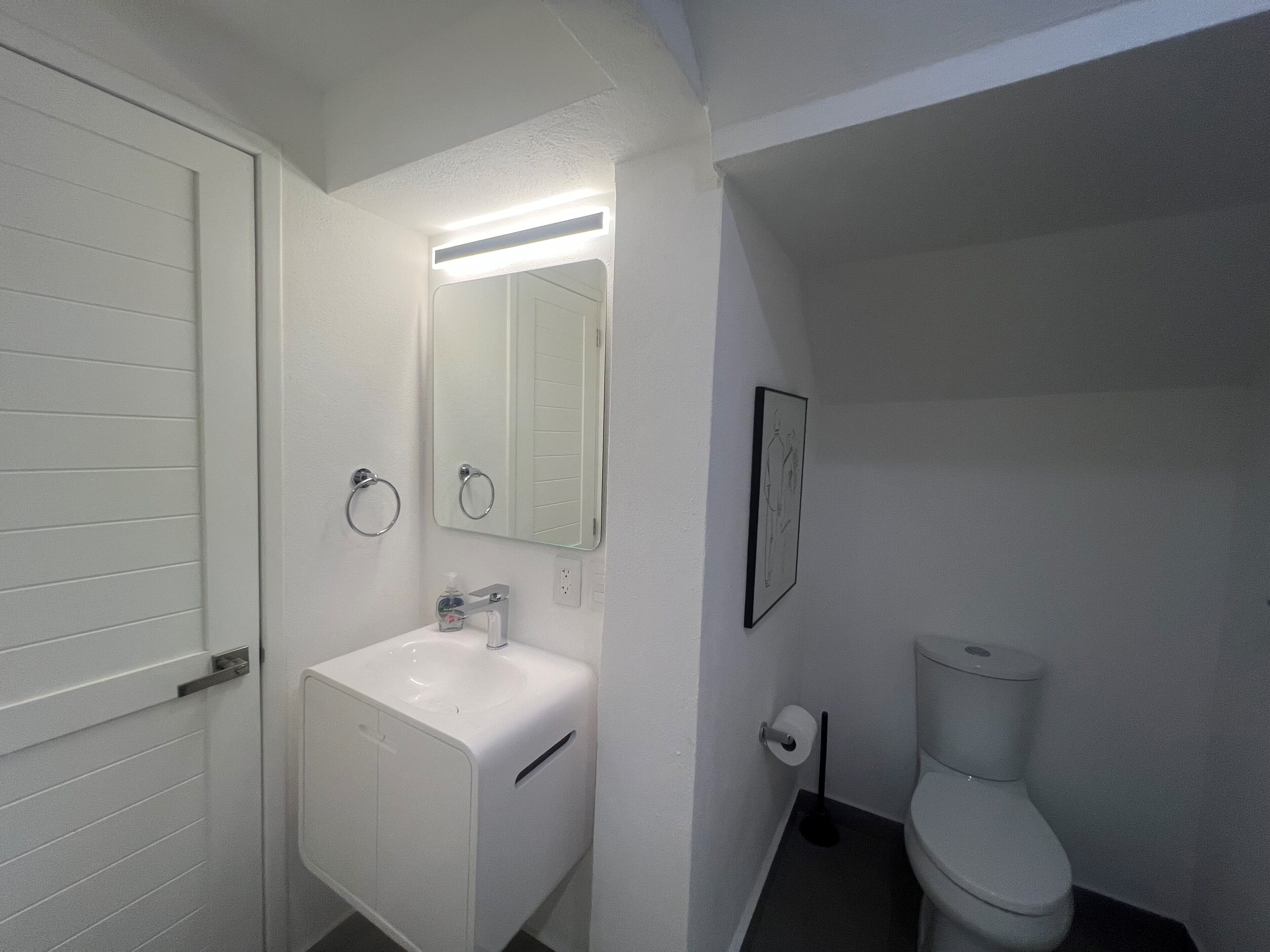 A bathroom with a white sink, mirror, toilet, and a framed picture on the wall.
