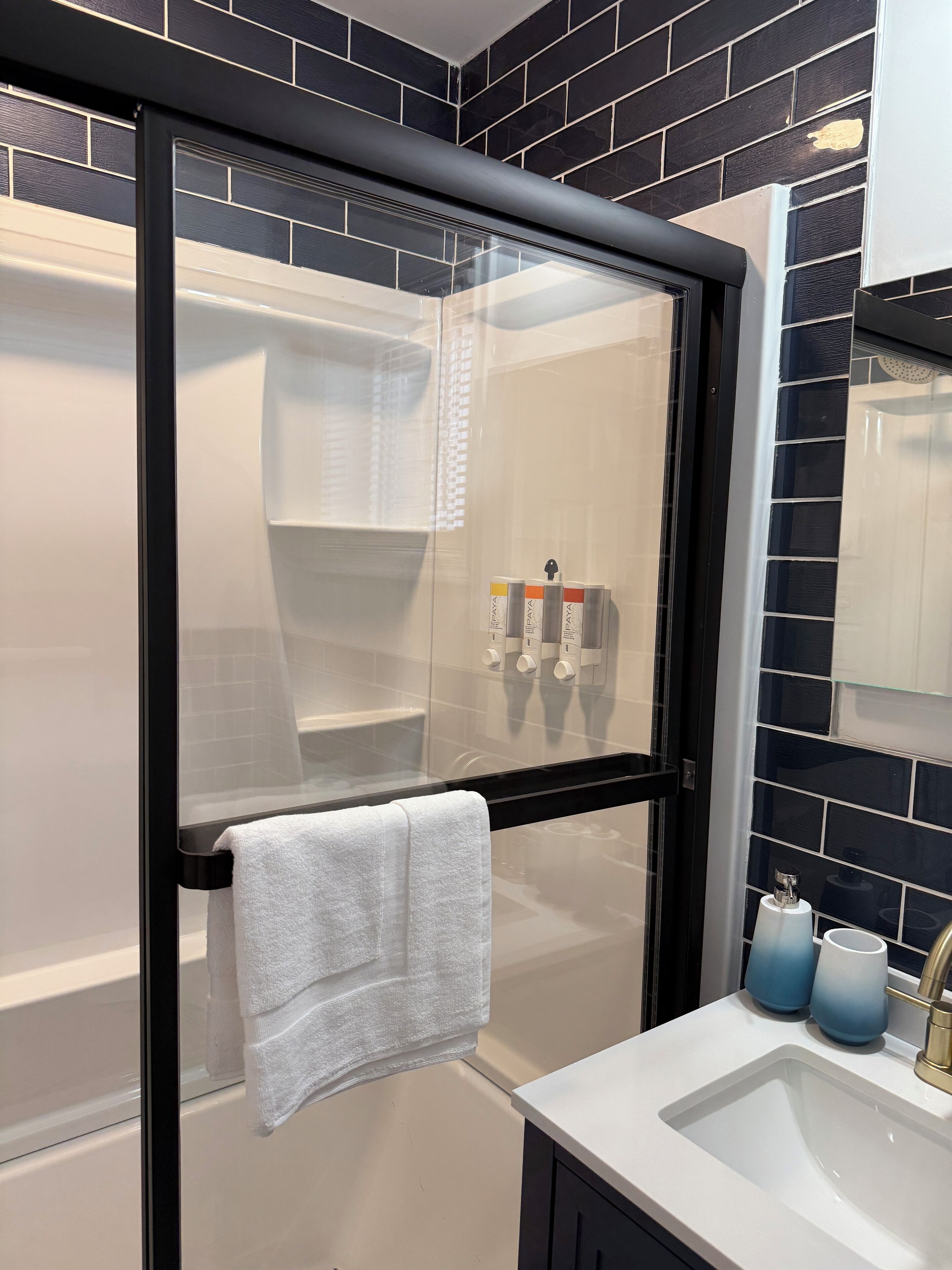 Shower, hair dryer, towels, soap