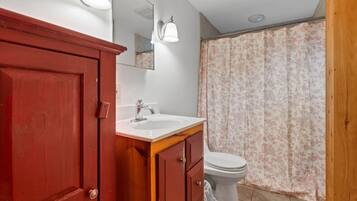 A bathroom with a wooden vanity, a white sink, a mirror, a toilet, and a shower curtain.