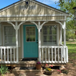 Exterior detail - The Beulah Jane is a peaceful cabin on working farm in Glen Rose. (Glen Rose)