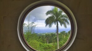 Une fenêtre ronde offrant une vue sur un paysage verdoyant et luxuriant, avec des palmiers et une étendue d’eau.