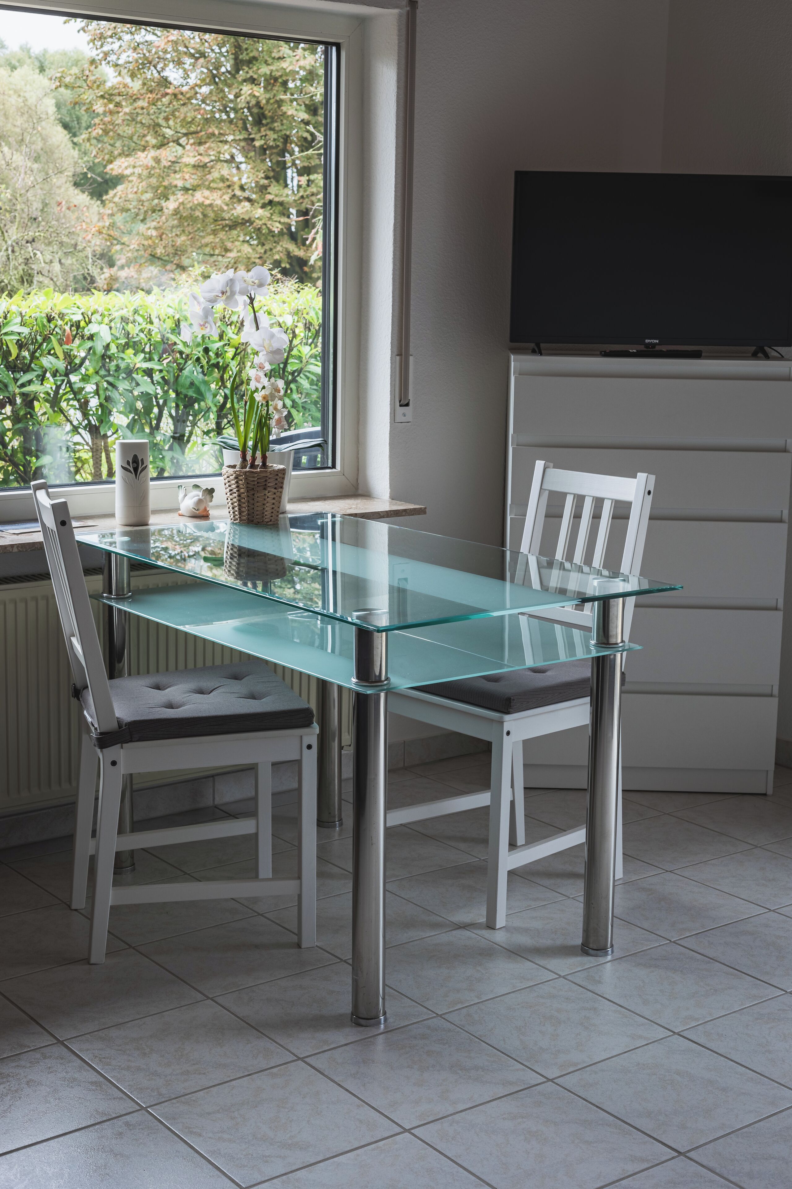 A dining area with a glass table, white chairs, a TV on a cabinet, and a window with plants.
