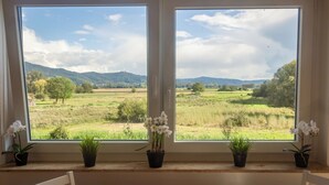 A room with two large windows overlooking a green landscape with trees and hills. There are three potted plants on the windowsill.