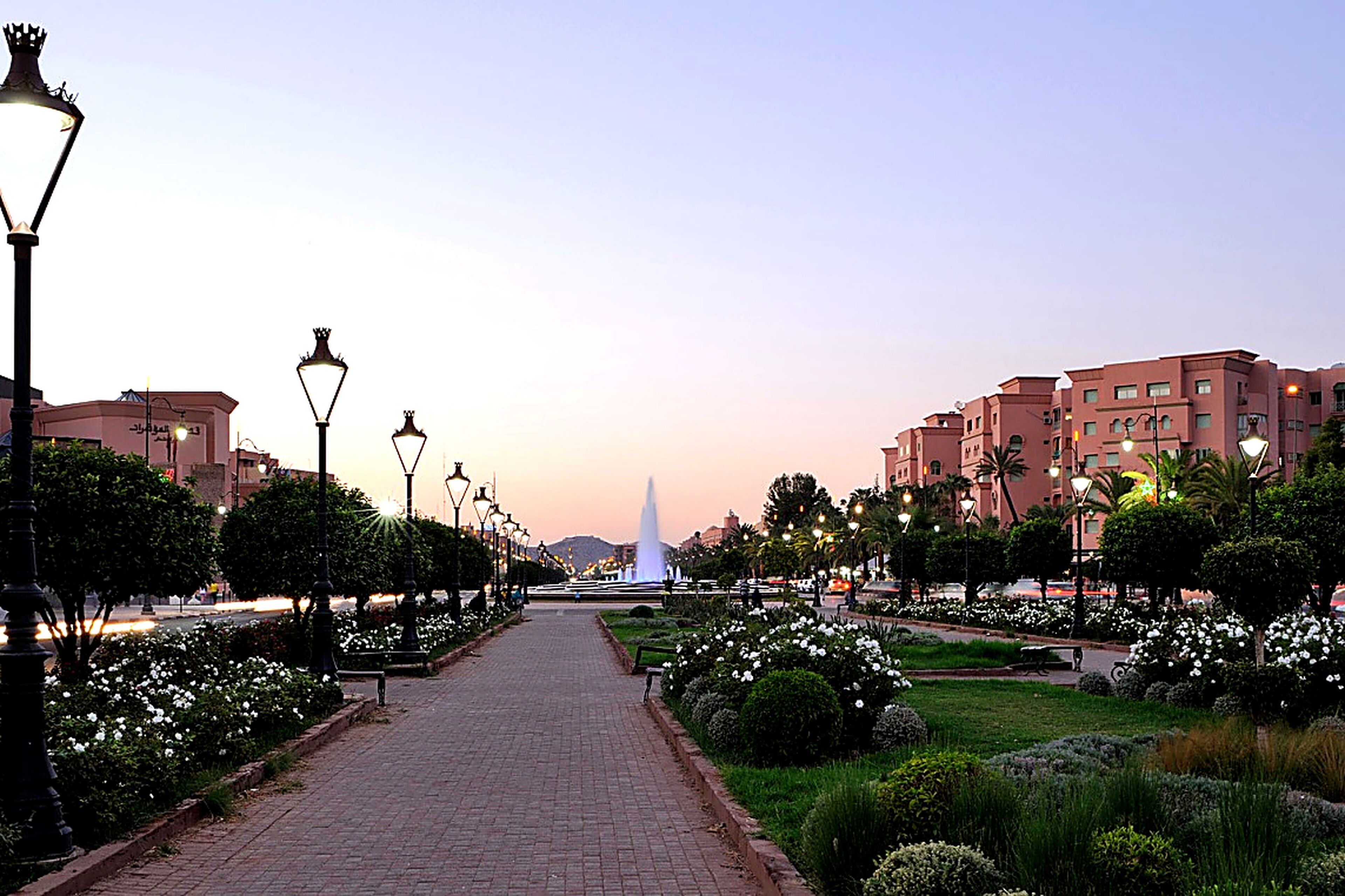 Un sendero pavimentado flanqueado por farolas y parterres de flores, que conduce a una fuente central.