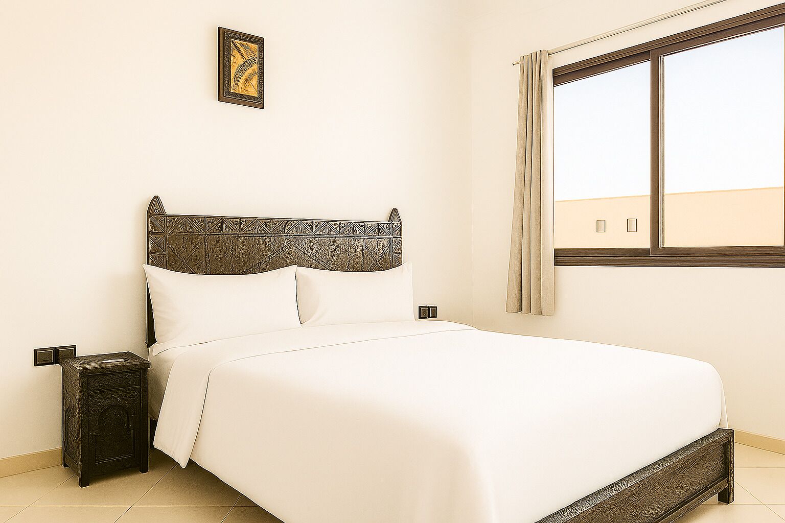 Una cama bien hecha con un cabecero estampado, una mesita de noche y una ventana con cortinas.