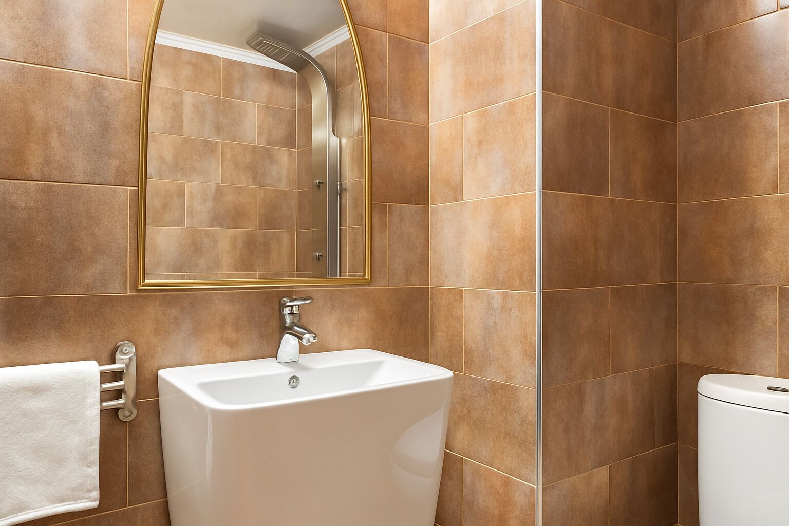 A bathroom with a white sink, a mirror with a gold frame, and brown tiles.