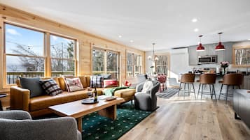 Télévision, cheminée, baby-foot, livres