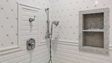 Hair dryer, towels, soap, shampoo