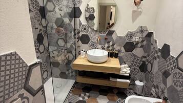 Shower, hair dryer, bidet, towels