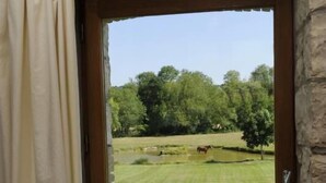 A room with a stone wall, a window with a view of a grassy field and trees, and a potted plant on the windowsill. - Le Cellier aux Moines (COLOMBE LE SEC)
