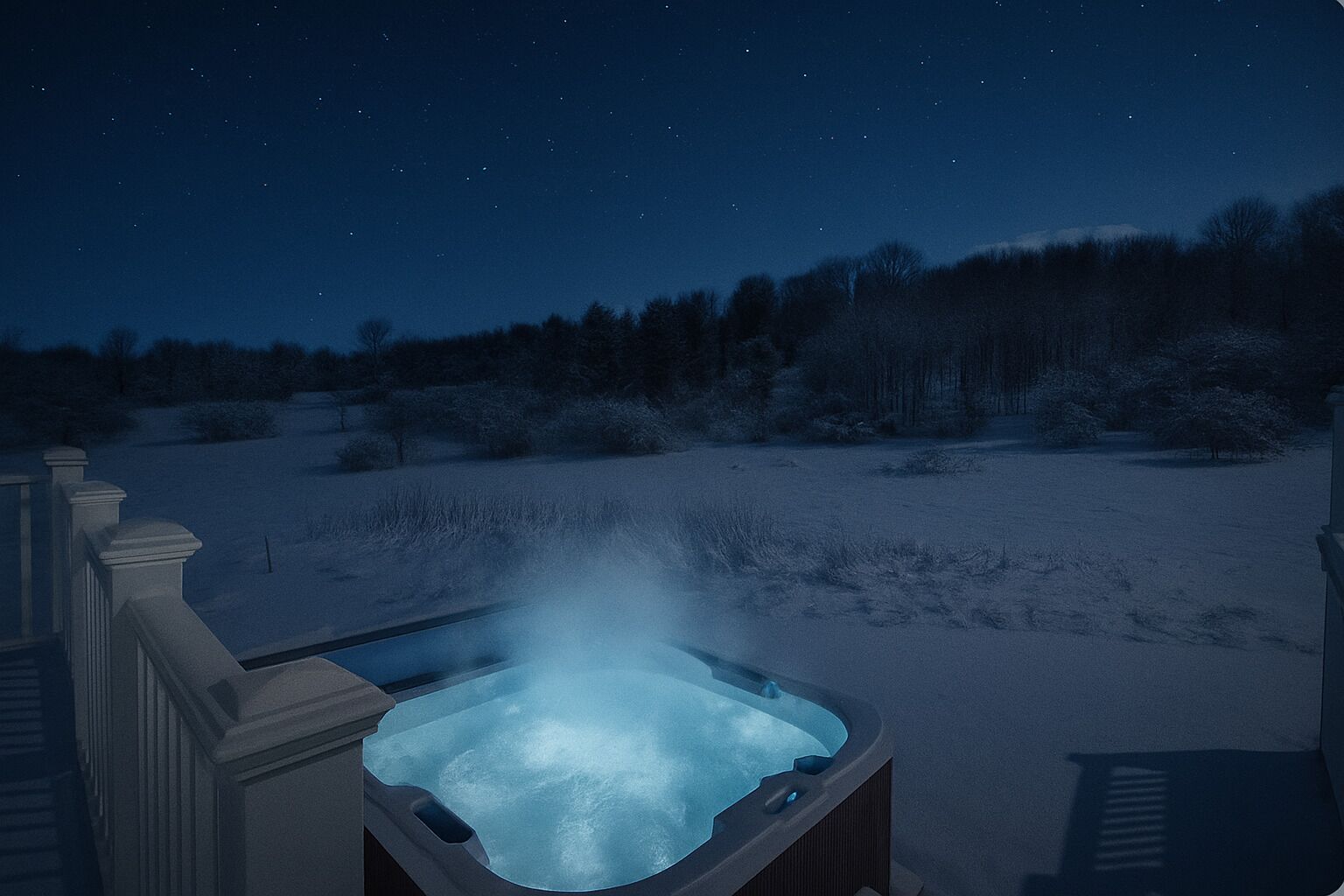 A hot tub in a snowy outdoor setting at night.