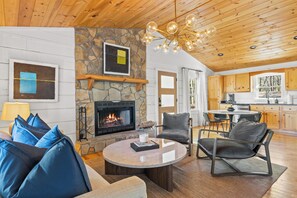 Smart TV, fireplace, books
