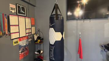 A gym with a punching bag, a wall calendar, medals, and a TV.