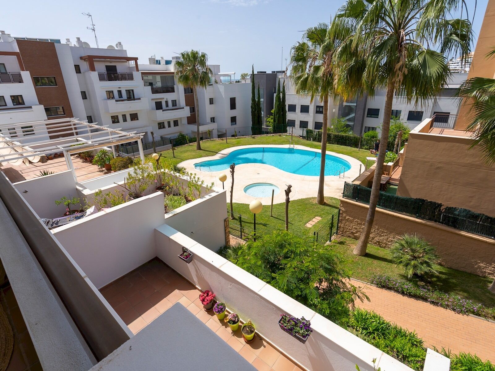 A residential building with a swimming pool surrounded by greenery and palm trees.