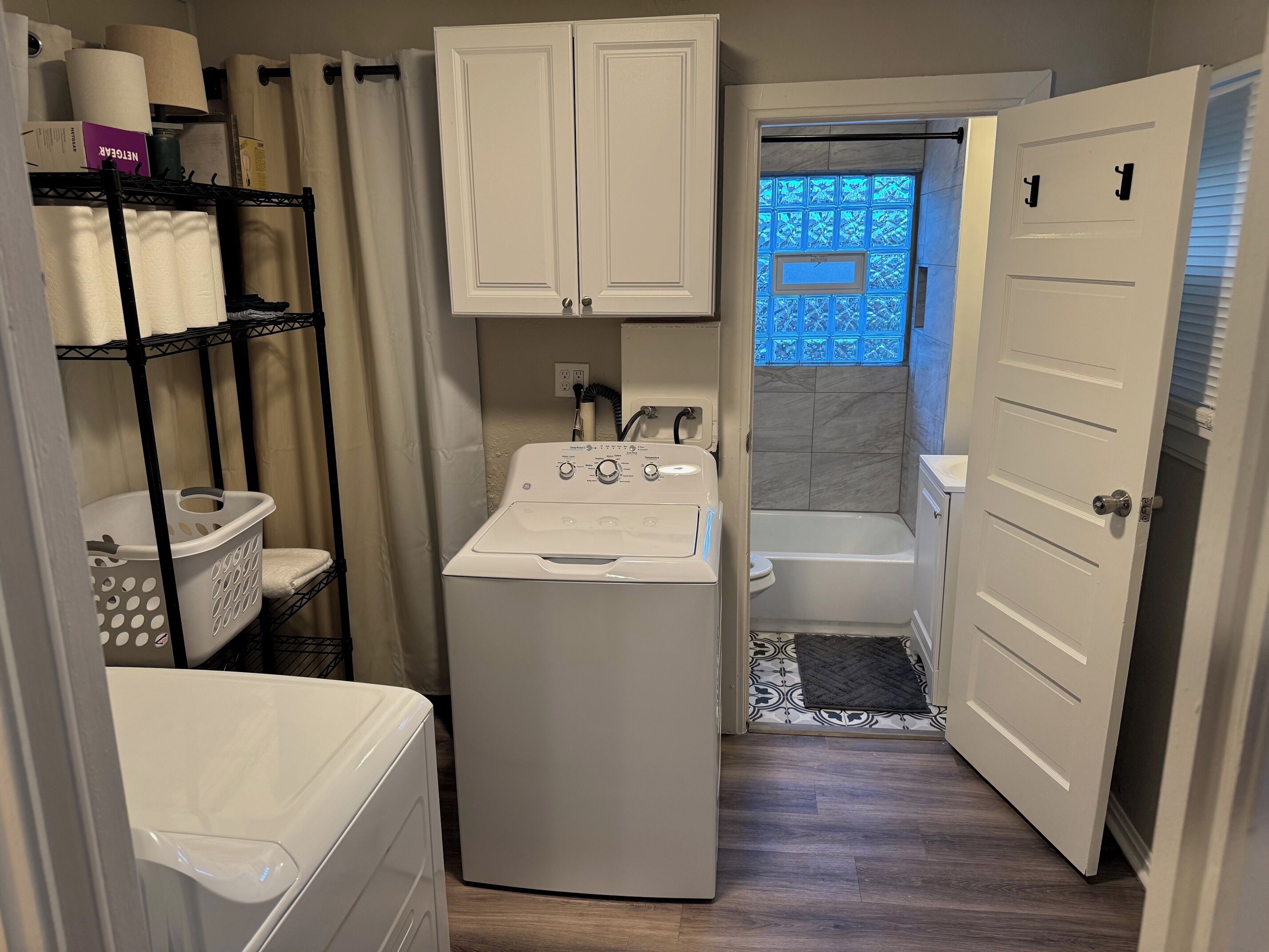 Hair dryer, towels, soap, toilet paper