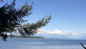A wooden deck overlooking a calm body of water with distant mountains and a clear sky. - Charming beachfront 1-bedroom cottage near Langley, Whidbey Island Washington. (Langley)