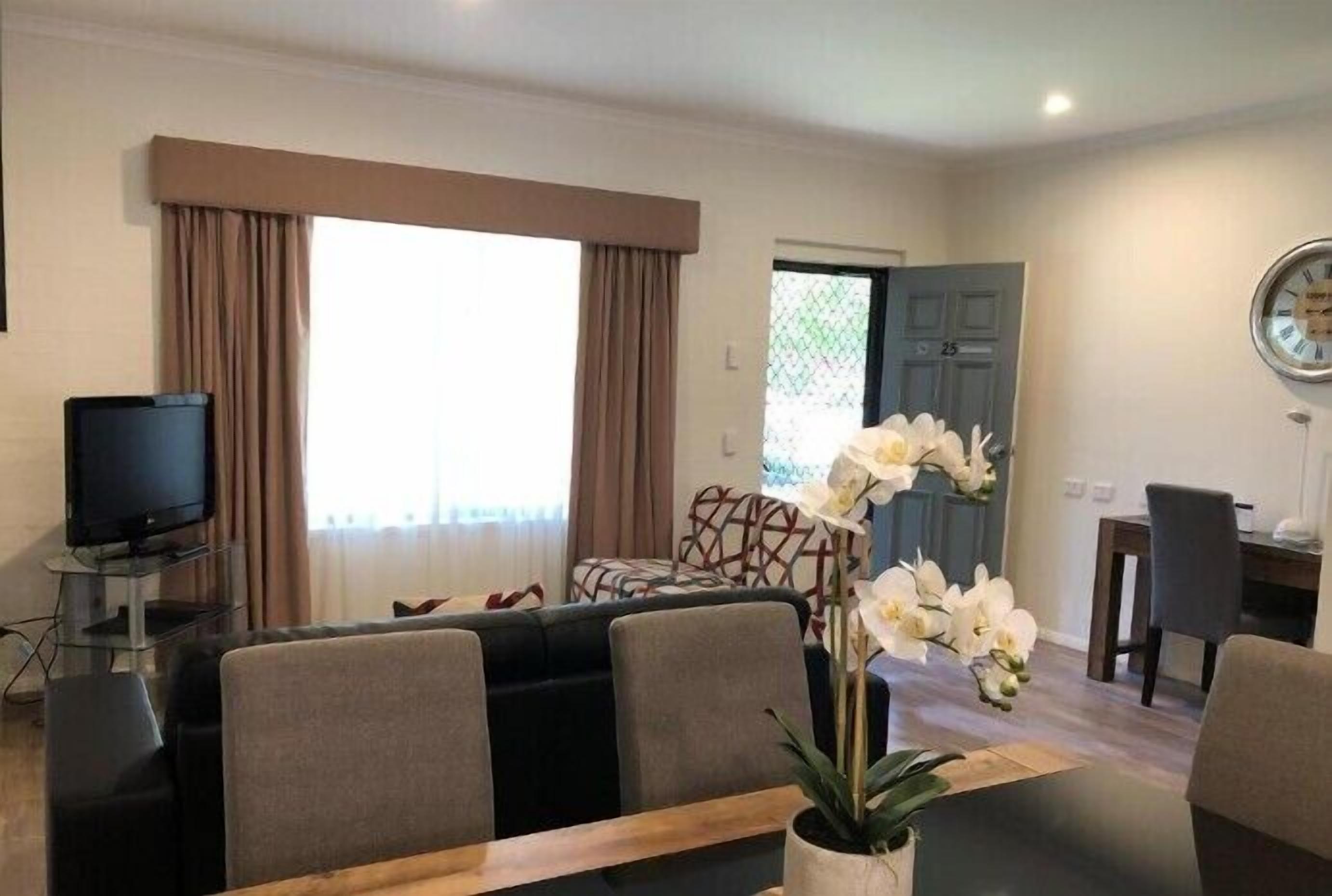 Uma sala de estar com um sofá, uma mesa de jantar com cadeiras, uma televisão e uma orquídea em vaso.