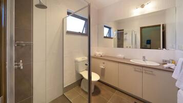 A modern bathroom with a glass shower enclosure, a toilet, a sink, and a mirror.