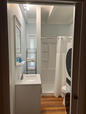 Secador de cabelo, toalhas de banho, sabonete, papel higiênico
