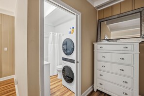 Hair dryer, towels, soap, toilet paper