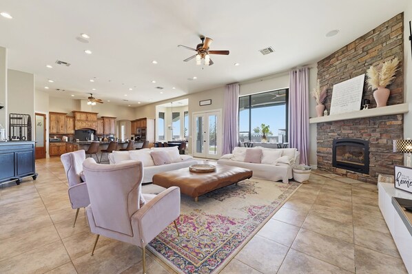 Smart TV, fireplace, video games, books