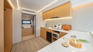 Una kitchenette compacta con ventana, un lavamanos, un microondas y un tostador.