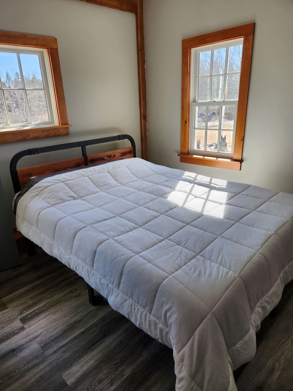 A single bed with a wooden frame and headboard, positioned between two windows with wooden frames and white trim.