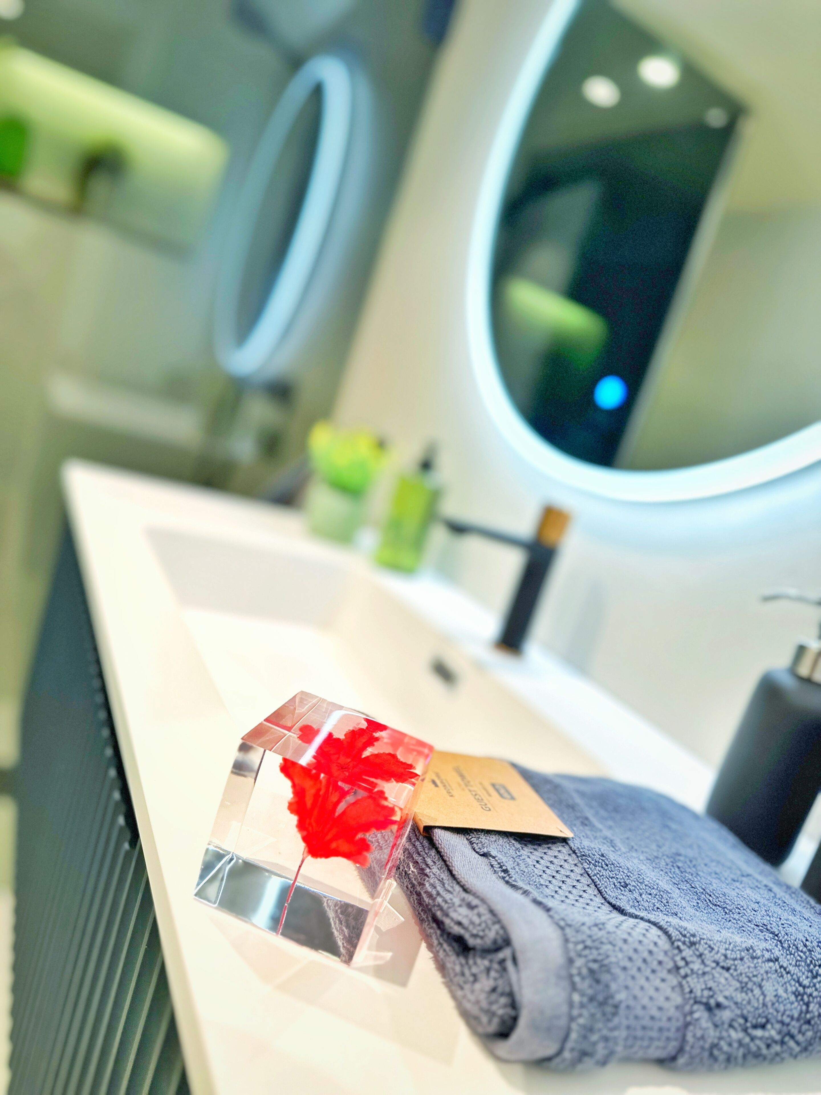 Une salle de bain avec un lavabo blanc, un miroir et des articles de toilette.