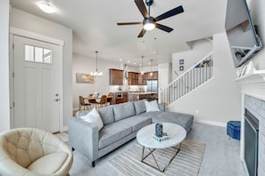 Smart TV, fireplace, books