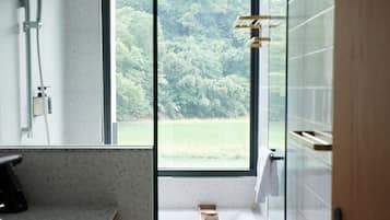 Separate tub and shower, hair dryer, slippers, towels