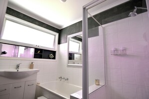 Hair dryer, towels, soap, toilet paper