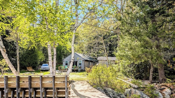 A wooden deck leading to a house surrounded by trees and a small stream.