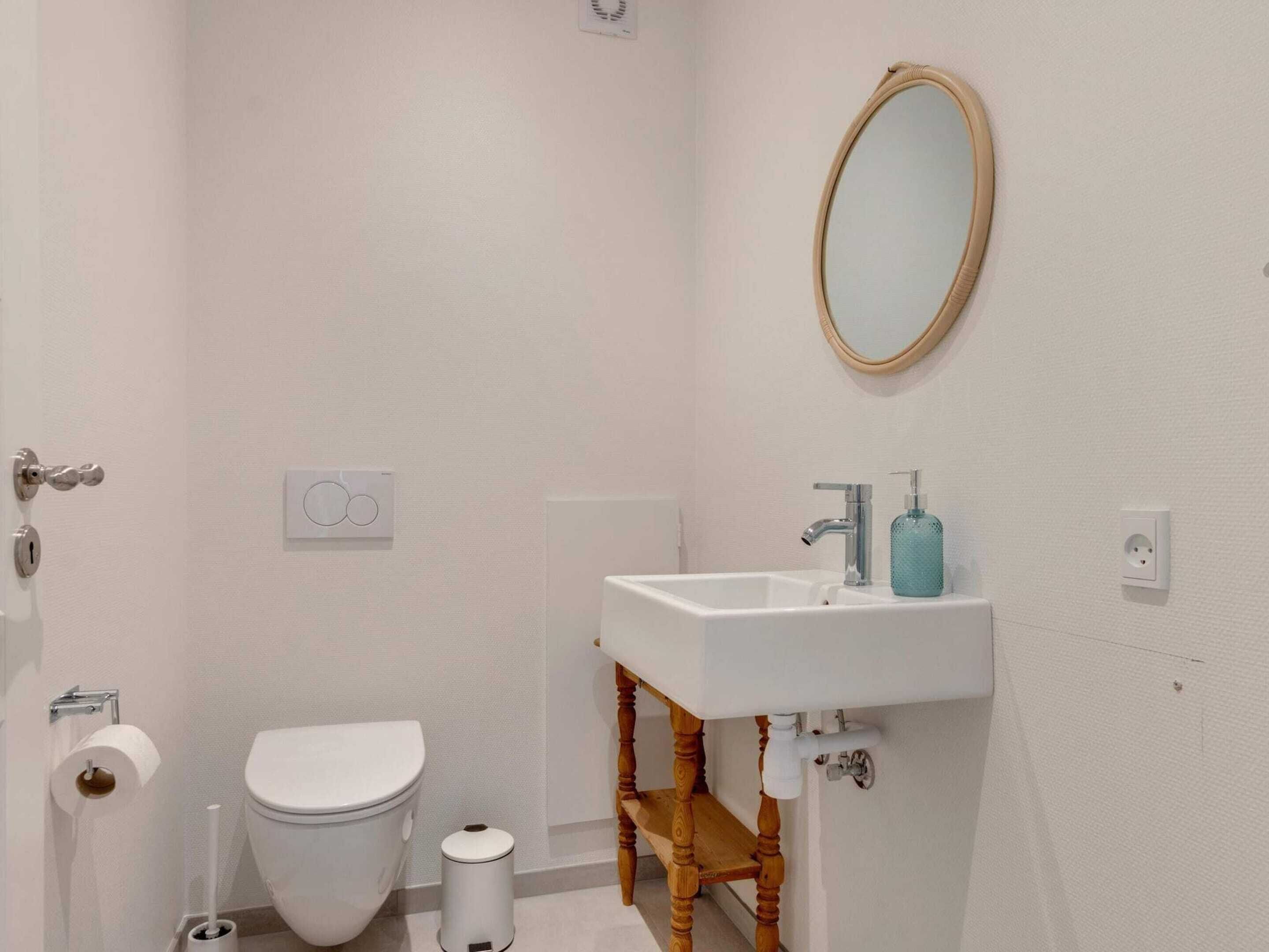 Une salle de bain avec des toilettes blanches, un meuble-lavabo en bois avec un évier, un miroir et une poubelle.