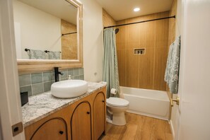 Hair dryer, towels, soap, toilet paper