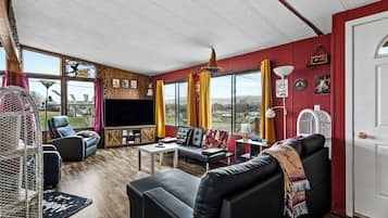 Smart TV, chimenea, libros y videoteca