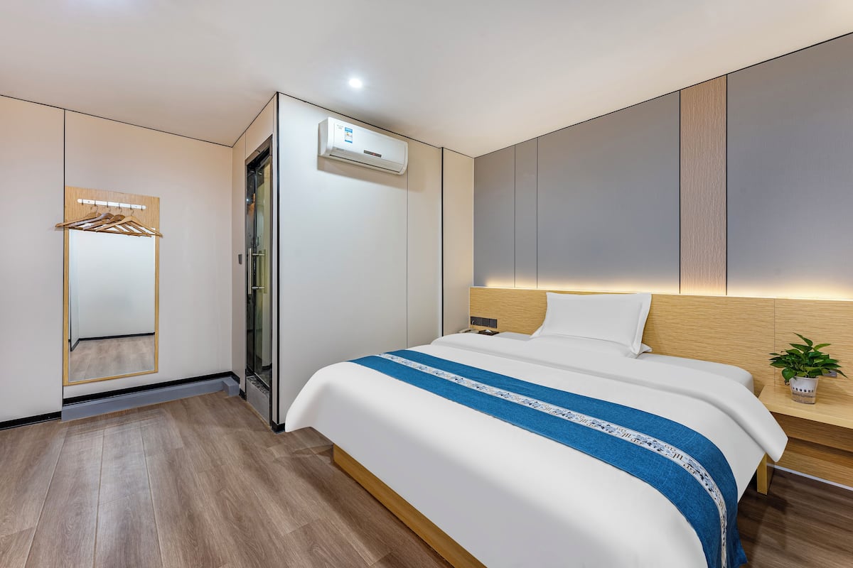 Une chambre d’hôtel moderne avec un grand lit, une table de chevet agrémentée d’une plante, un climatiseur fixé au mur et un miroir avec un porte-manteau en bois.