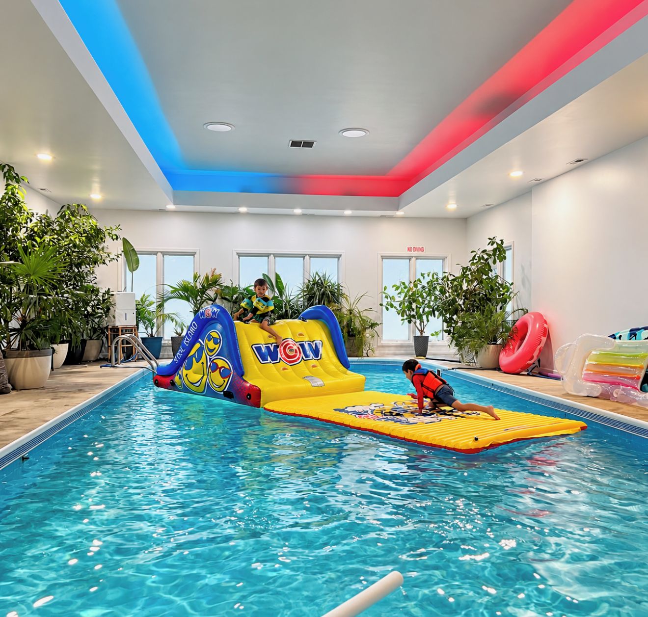 Piscina interior com escorrega e área de recreação inflável.