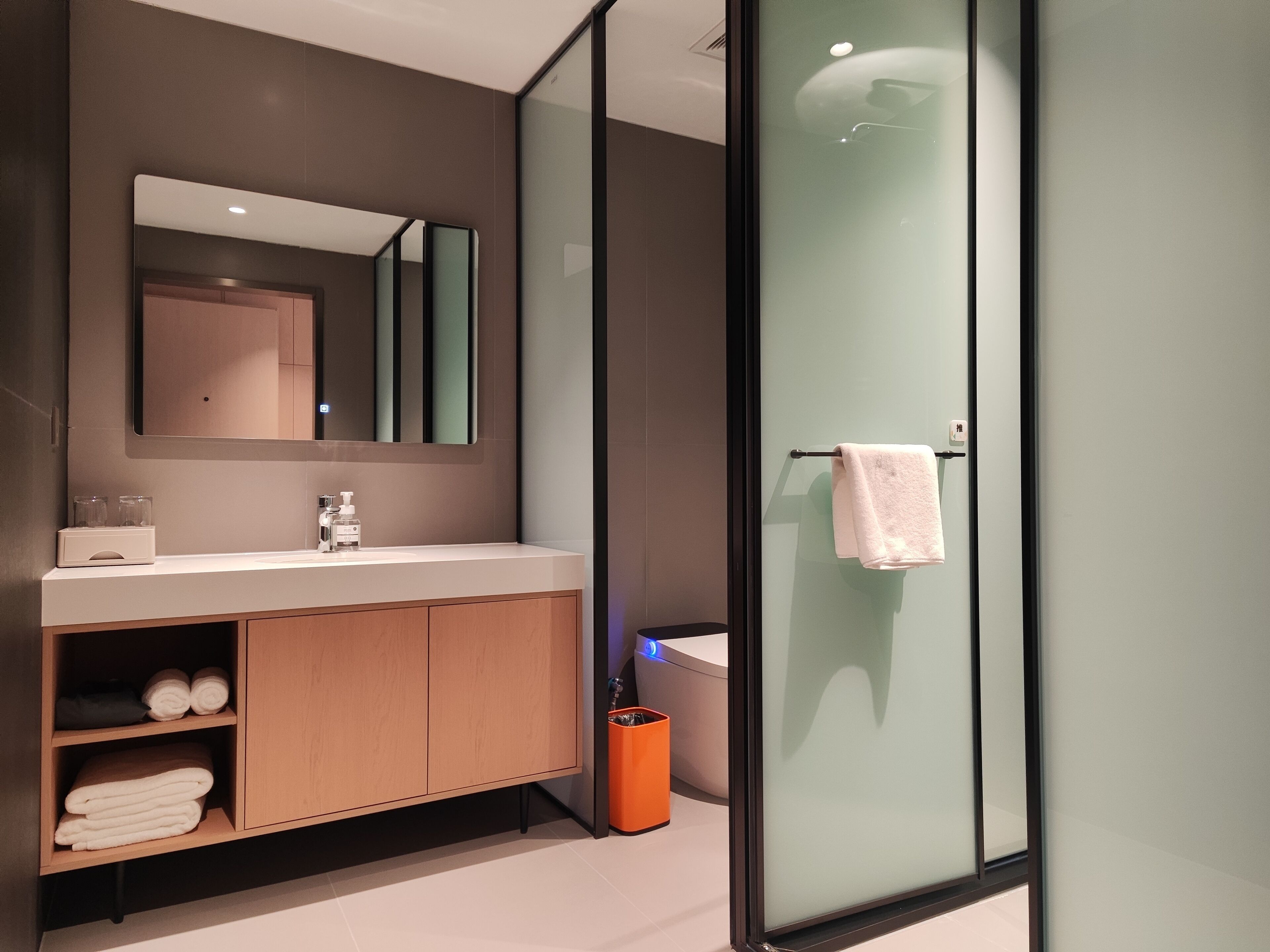 Une salle de bain moderne avec une douche à l’italienne en verre, un meuble-lavabo en bois et un grand miroir.
