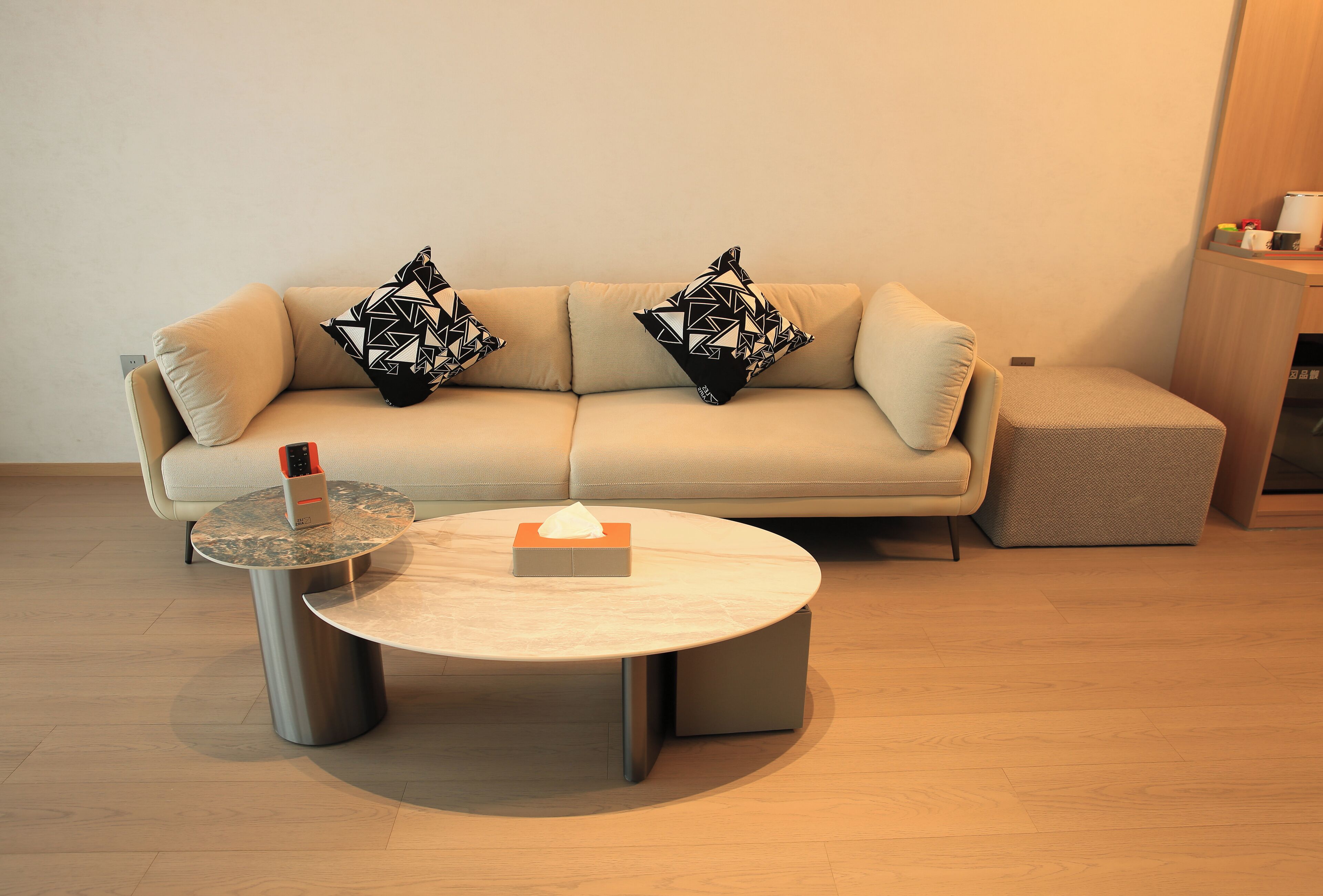 A modern living room with a beige sofa, two patterned throw pillows, a round coffee table with a tissue box, and a small side table.