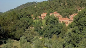 A hillside with traditional stone buildings surrounded by dense greenery. - El Águila, Stone Cottage (Alájar)