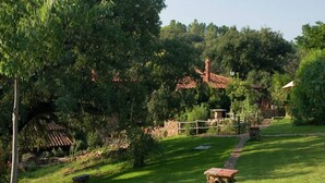 A rustic garden with a stone pathway, a wooden fence, and a traditional house with a tiled roof. - El Búho, Cottage in Alájar (Alájar)