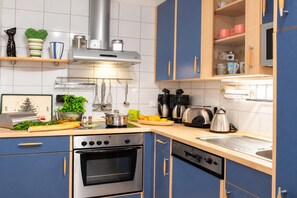 A modern kitchen with blue cabinets, stainless steel appliances, and a variety of cooking utensils. - Holiday apartment with terrace in Fehmarn (Fehmarn)