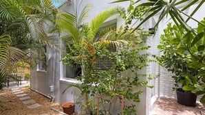 Une cour avec un chemin, des plantes en pot et un bâtiment doté d’une fenêtre.