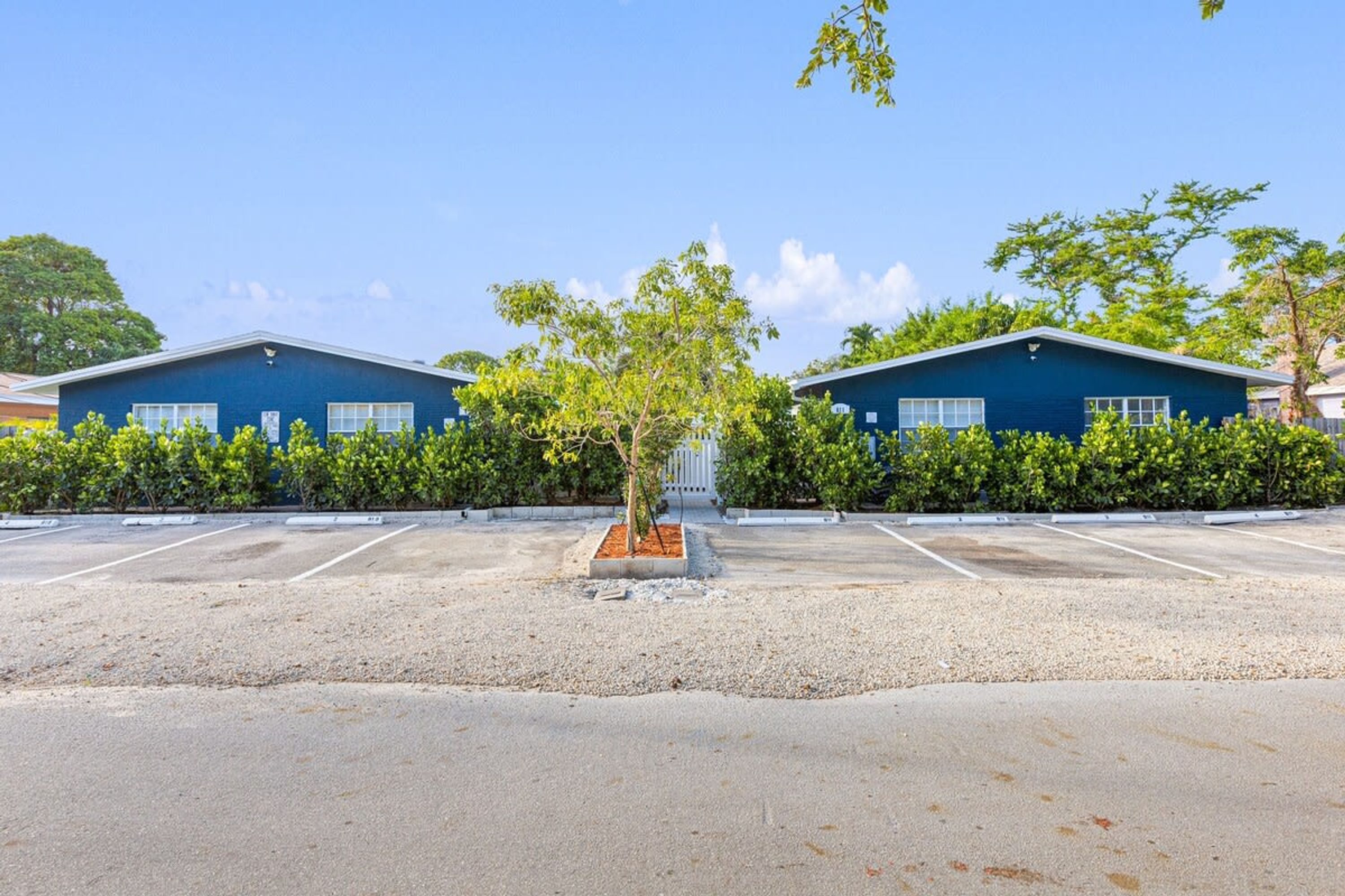 A parking lot with two blue buildings, a small tree, and a hedge.