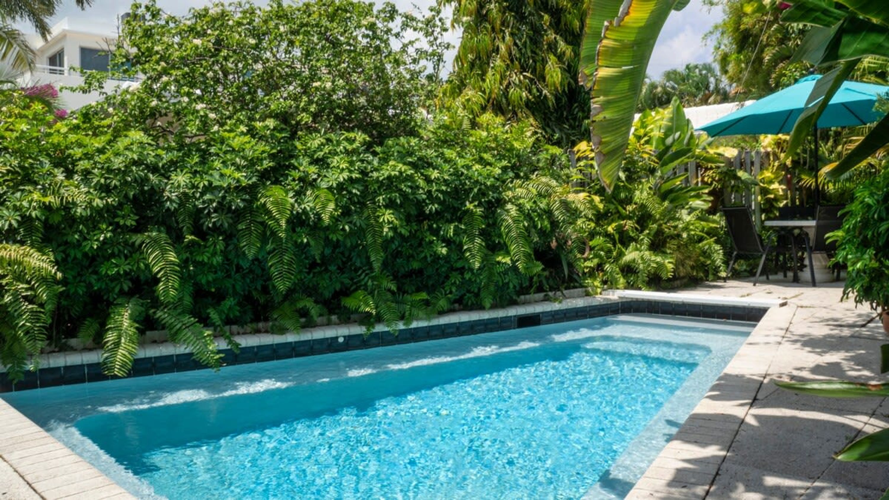 A swimming pool surrounded by lush greenery and a patio area with outdoor furniture.