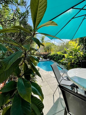 A swimming pool surrounded by lush greenery, with a covered seating area and a large umbrella providing shade. - Welcoming Airbnb Walkig Distance to Las Olas Blvd (Fort Lauderdale)