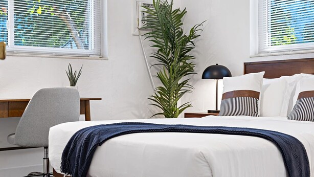 A bedroom with a bed, a desk, a chair, a lamp, and two potted plants. - Lake Ridge Villa - Free Parking (Fort Lauderdale)