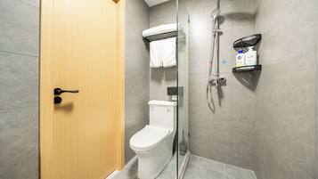 A modern bathroom with a toilet, shower, and a glass door.